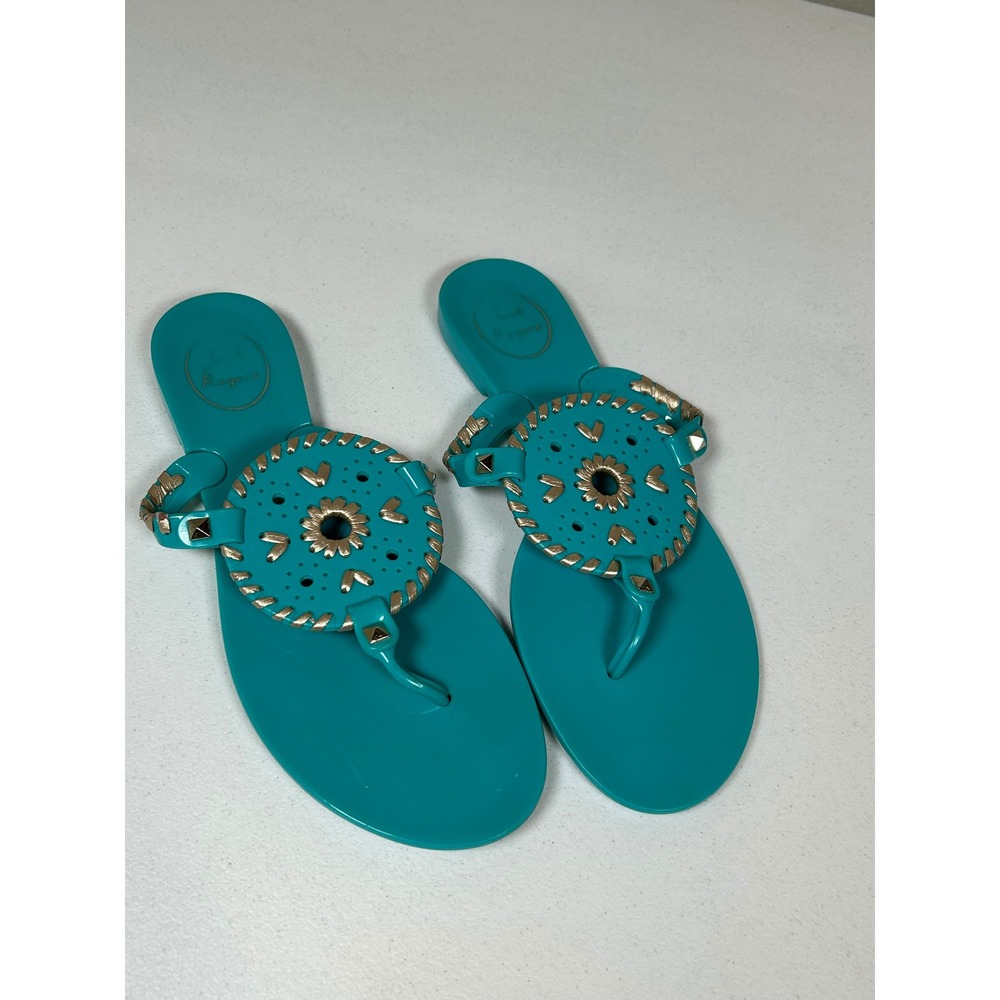 Jack Rogers Georgica Jelly Sandals Women's 8 Teal Gold Whipstitch Studded Thongs